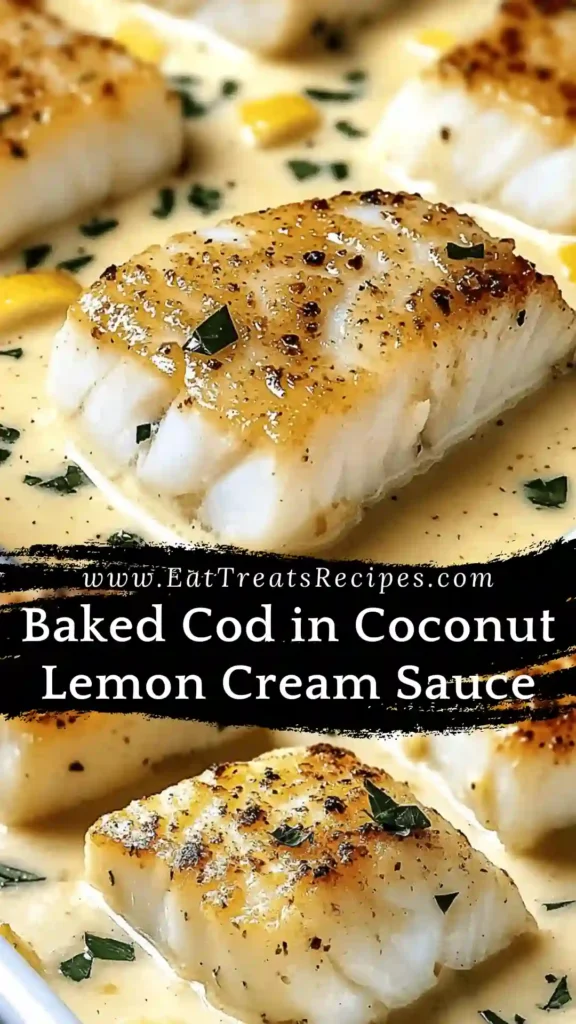 Baked cod in coconut lemon cream sauce in a white baking dish