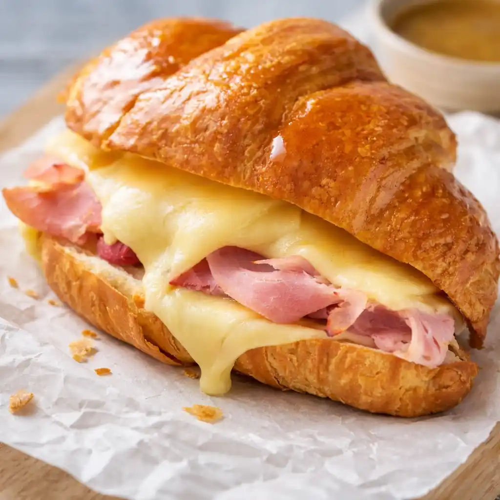 Baked ham and cheese croissants fresh from the oven, flaky and golden on a white marble surface