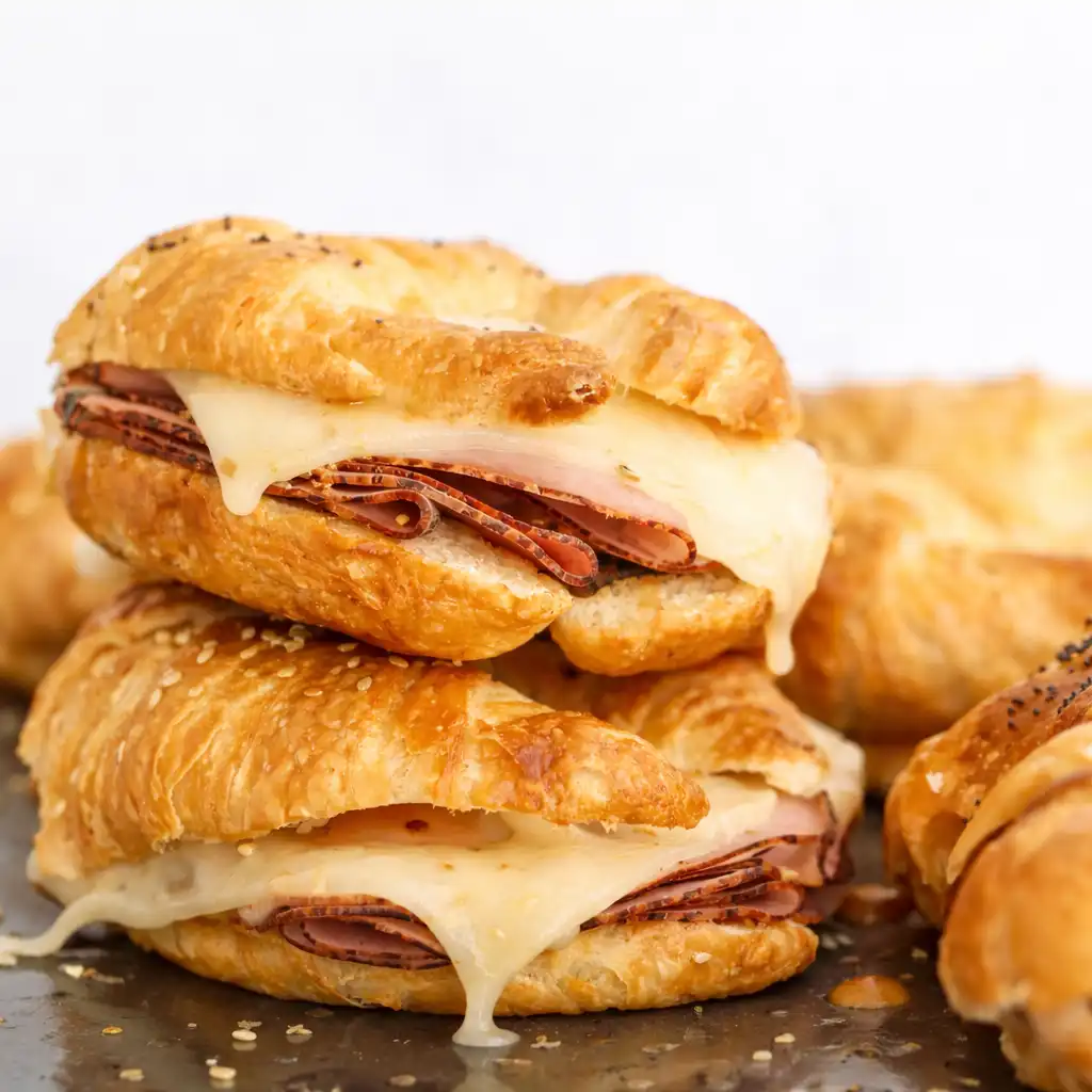 Baked ham and cheese croissants fresh from the oven, flaky and golden on a white marble surface