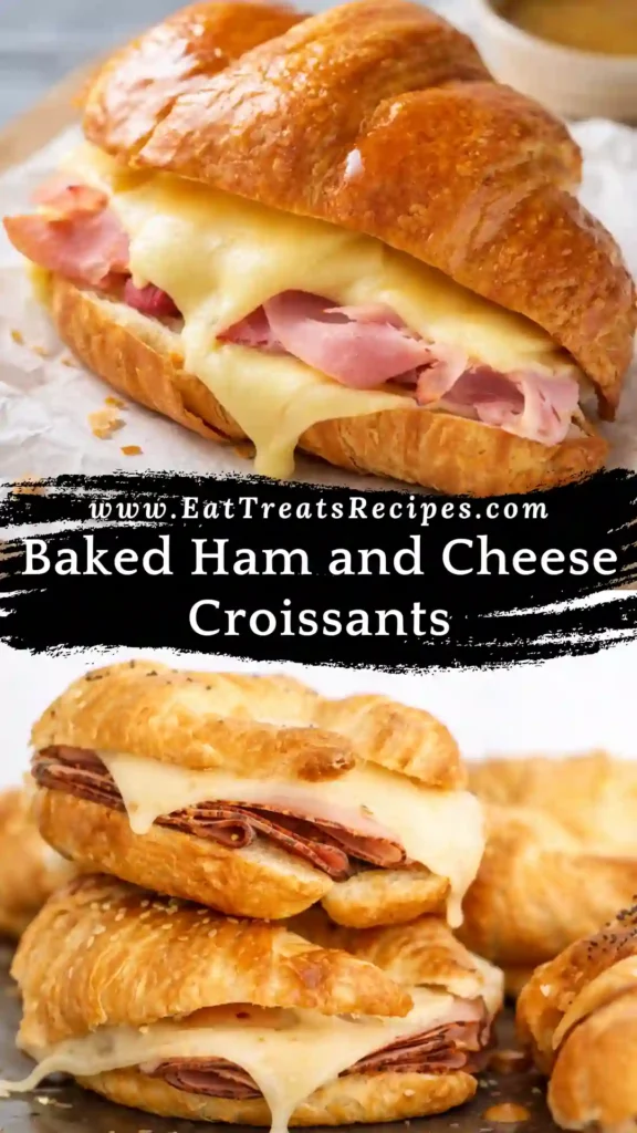 Baked ham and cheese croissants fresh from the oven, flaky and golden on a white marble surface