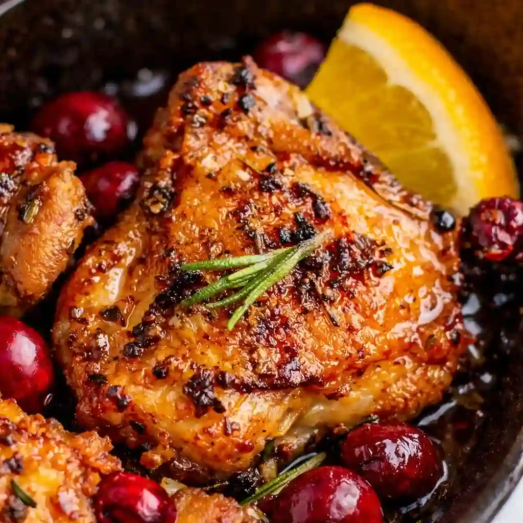 Baked Orange Cranberry Chicken Thighs glazed with sweet tangy cranberry orange sauce on white marble