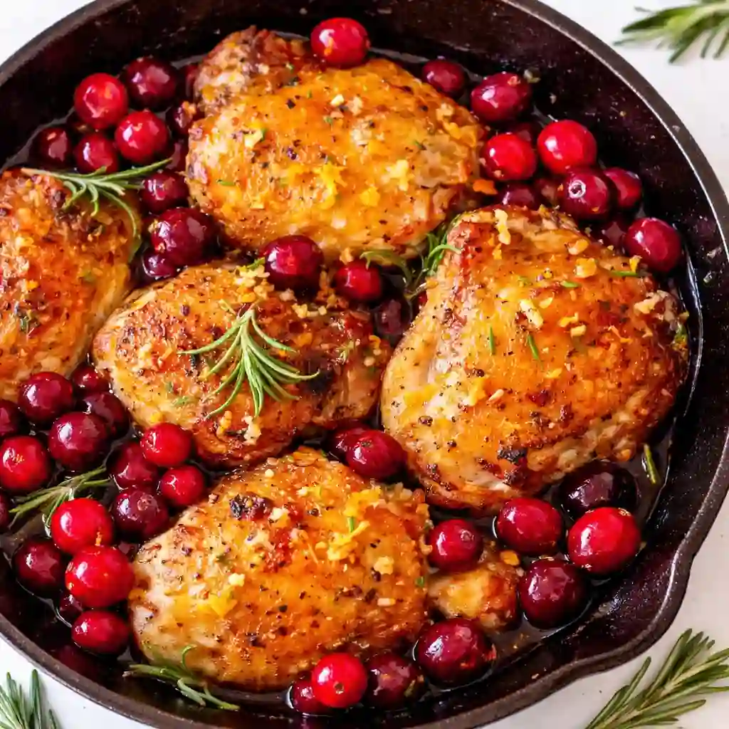 Baked Orange Cranberry Chicken Thighs glazed with sweet tangy cranberry orange sauce on white marble