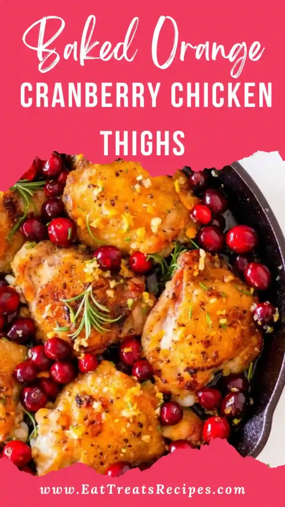Baked Orange Cranberry Chicken Thighs glazed with sweet tangy cranberry orange sauce on white marble