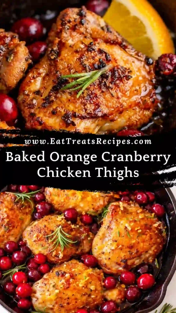 Baked Orange Cranberry Chicken Thighs glazed with sweet tangy cranberry orange sauce on white marble