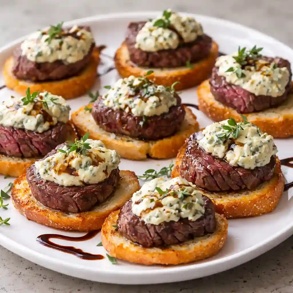 Beef Tenderloin And Gorgonzola Crostini served on white marble with tender filet mignon and creamy gorgonzola
