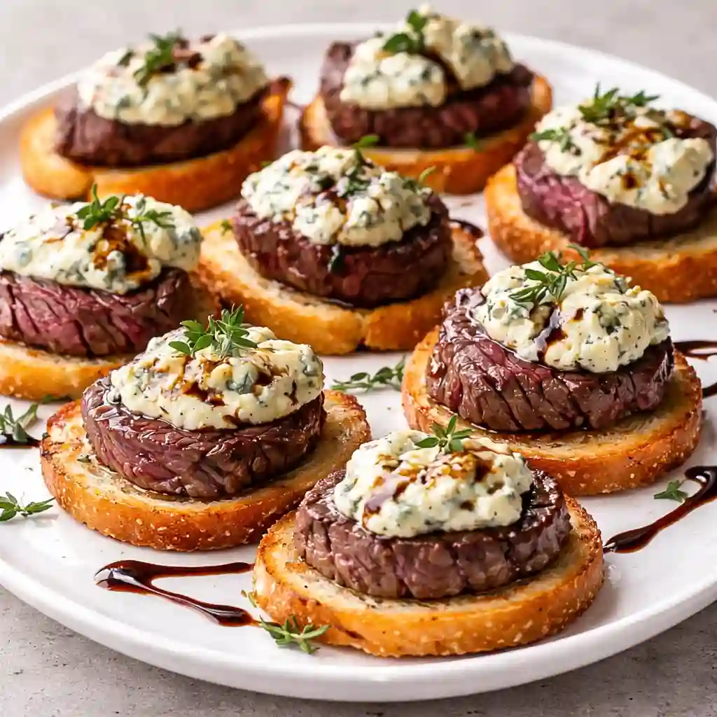 Beef Tenderloin And Gorgonzola Crostini served on white marble with tender filet mignon and creamy gorgonzola