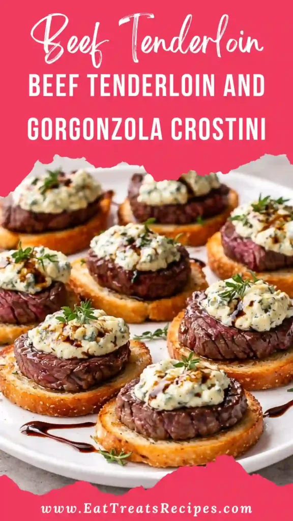 Beef Tenderloin And Gorgonzola Crostini served on white marble with tender filet mignon and creamy gorgonzola
