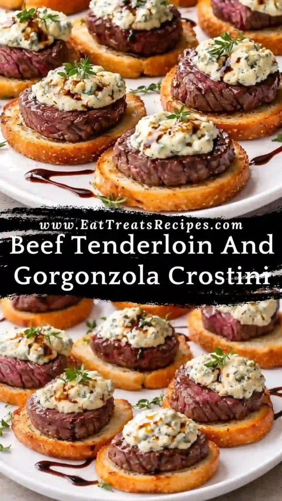 Beef Tenderloin And Gorgonzola Crostini served on white marble with tender filet mignon and creamy gorgonzola