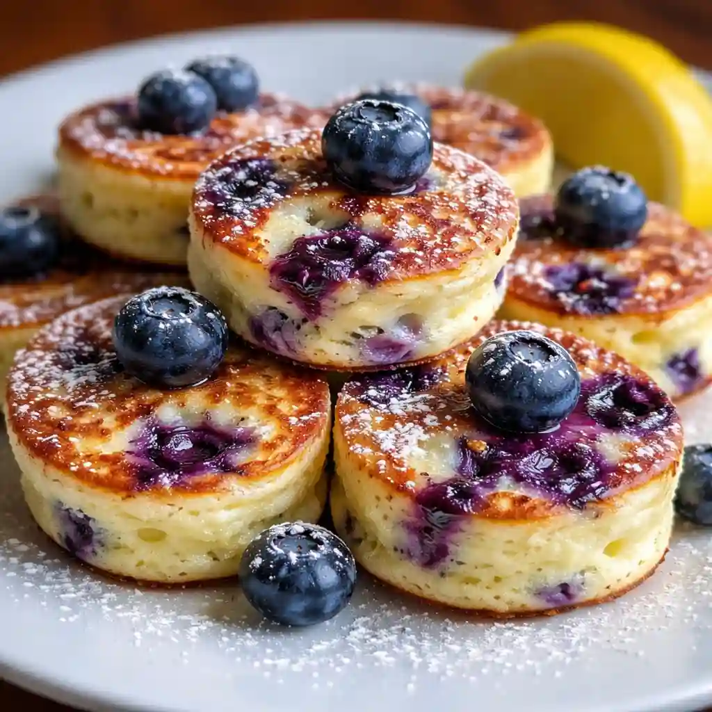 Blueberry lemon pancake bites served warm with fresh blueberries and lemon zest