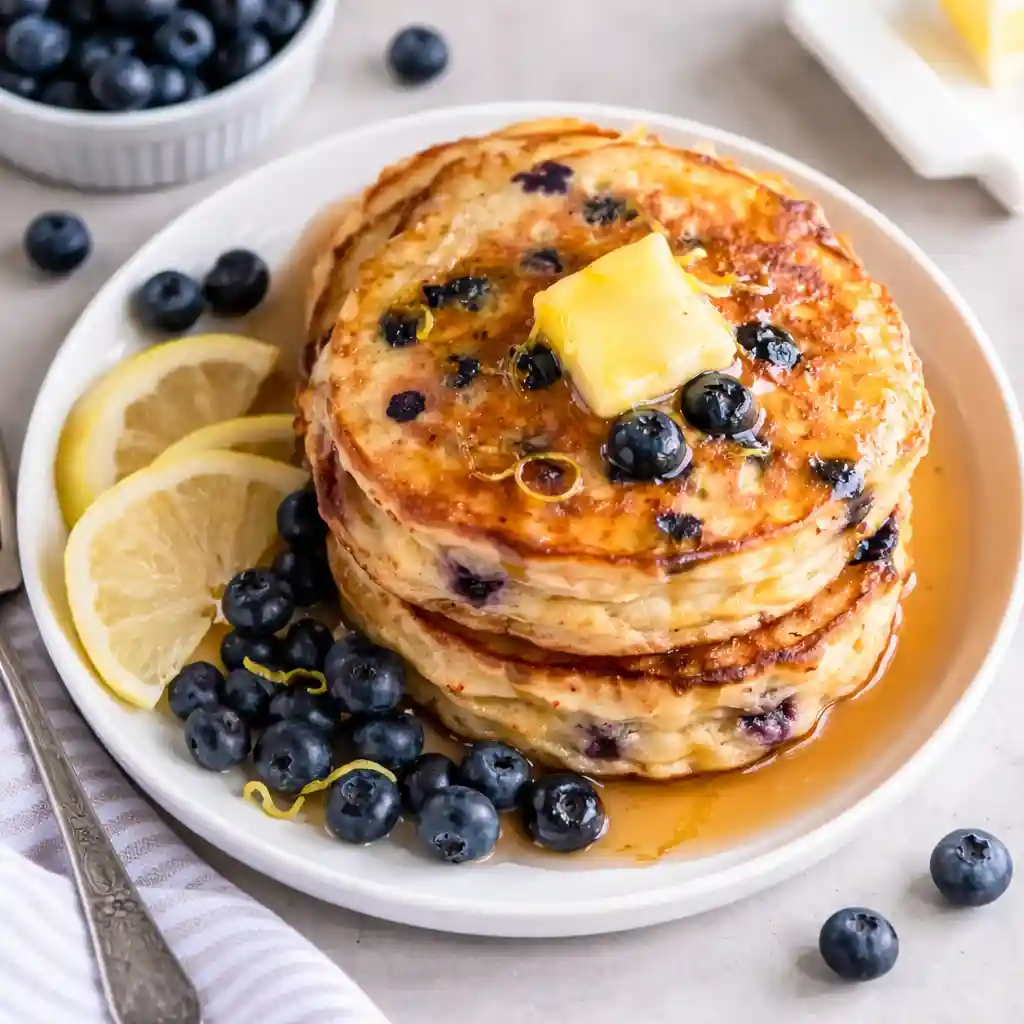 Blueberry lemon pancake bites served warm with fresh blueberries and lemon zest