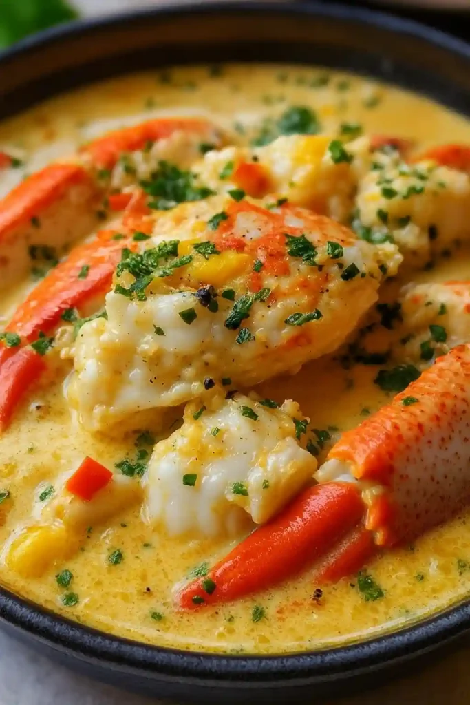 Bobby Flay's crab and corn chowder soup served warm in a white bowl