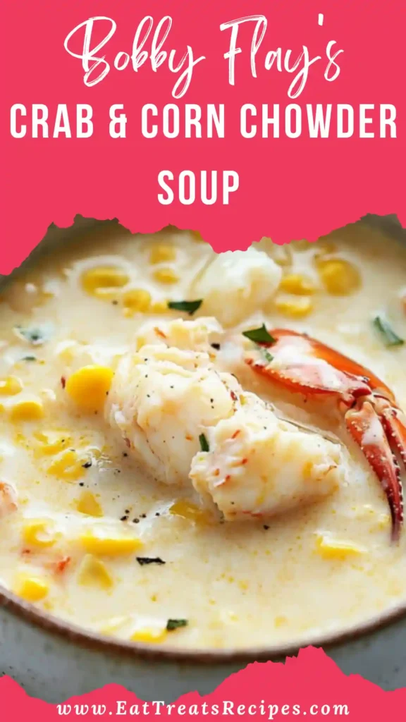 Bobby Flay's crab and corn chowder soup served warm in a white bowl
