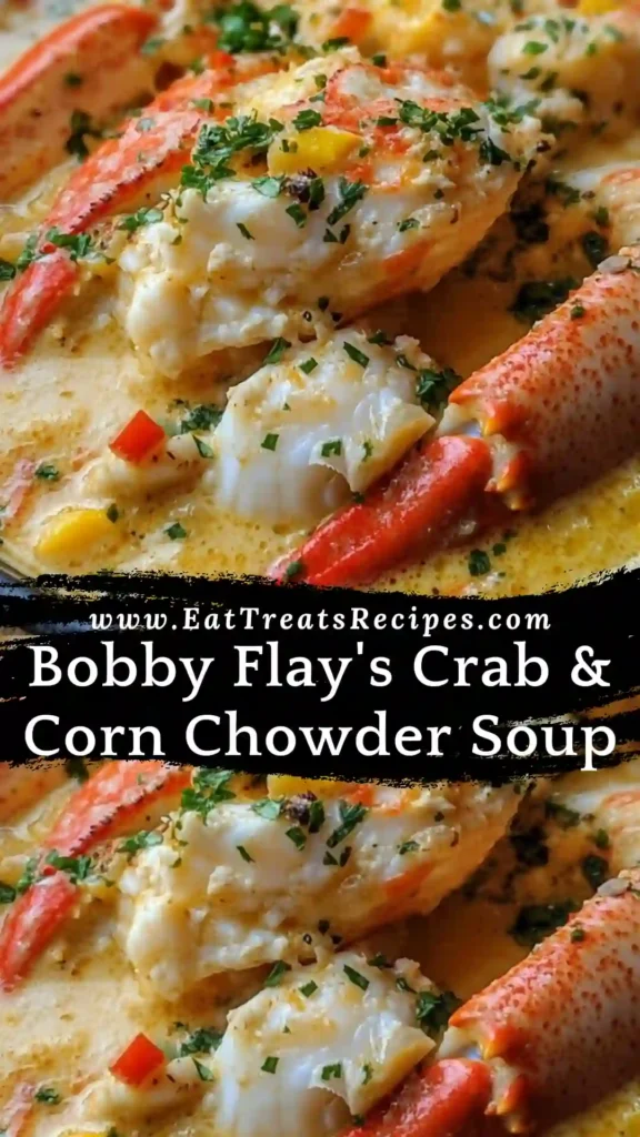 Bobby Flay's crab and corn chowder soup served warm in a white bowl
