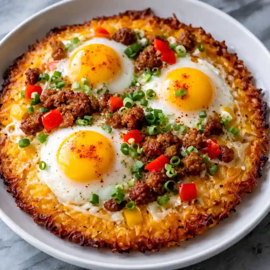 Breakfast pizza recipe with crispy hash brown crust eggs and cheese