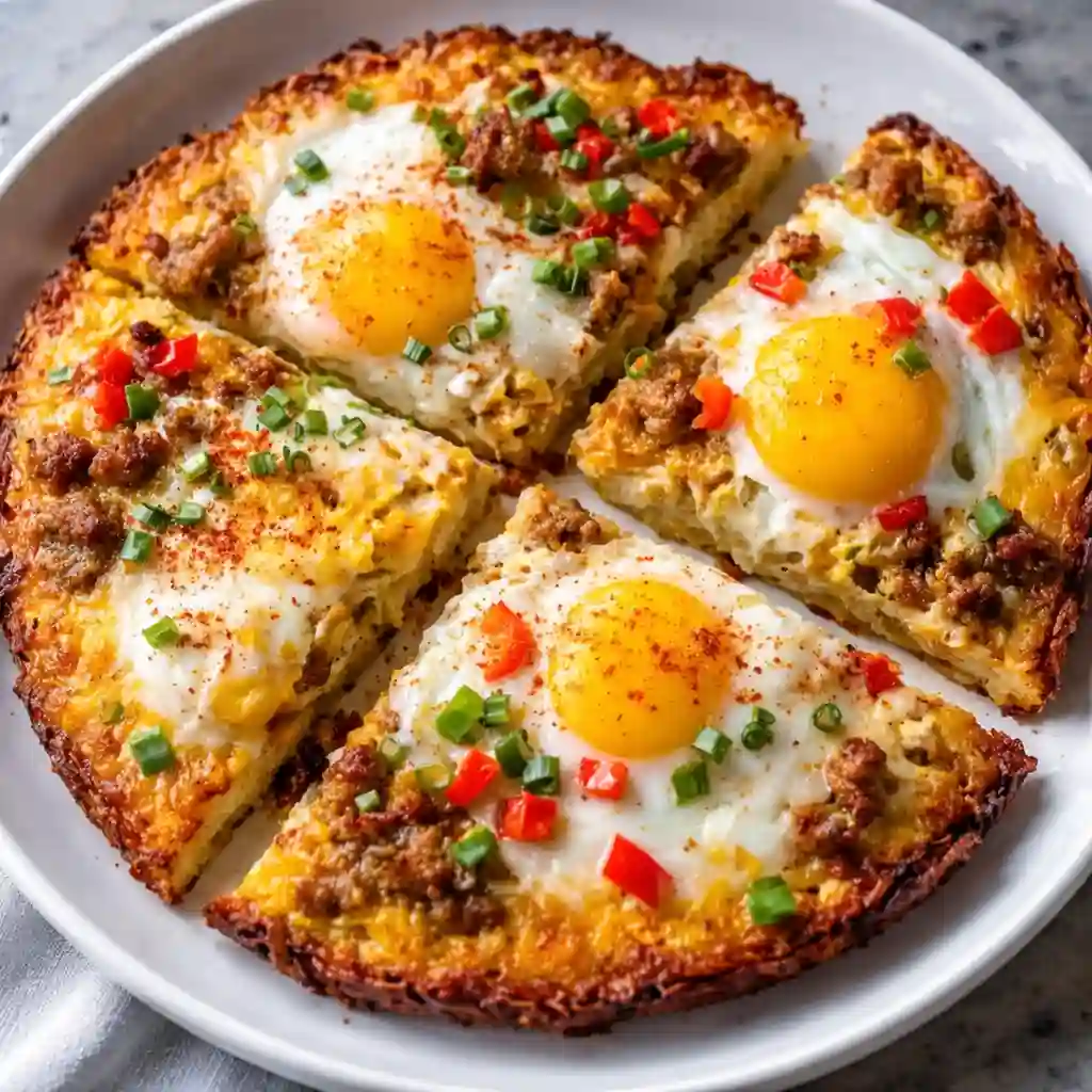 Breakfast pizza recipe with crispy hash brown crust eggs and cheese