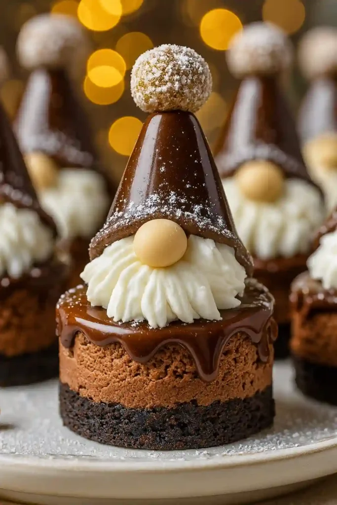 Chocolate Gnome Cheesecakes decorated with whipped cream beards and chocolate hats