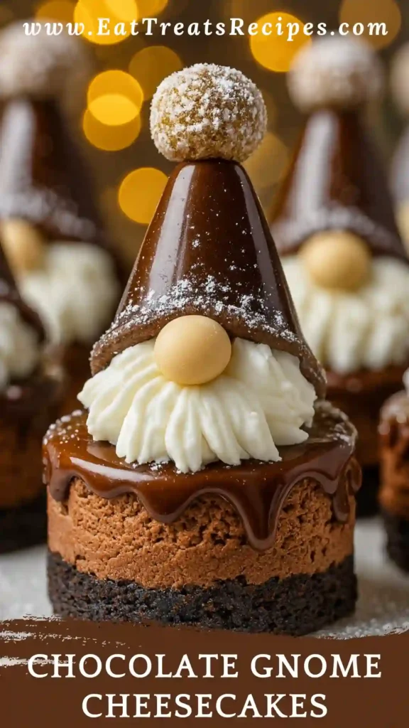 Chocolate Gnome Cheesecakes decorated with whipped cream beards and chocolate hats