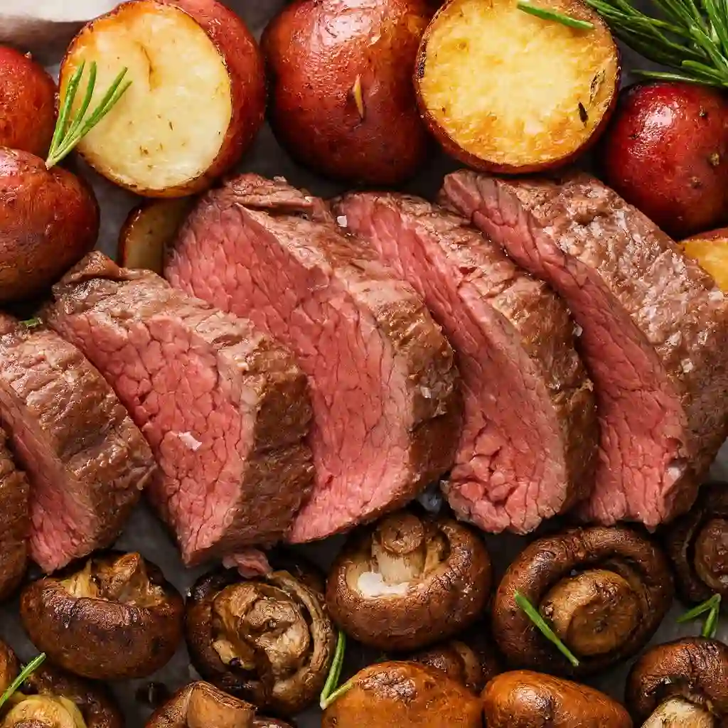 Christmas beef tenderloin roast sliced with herbs on white marble
