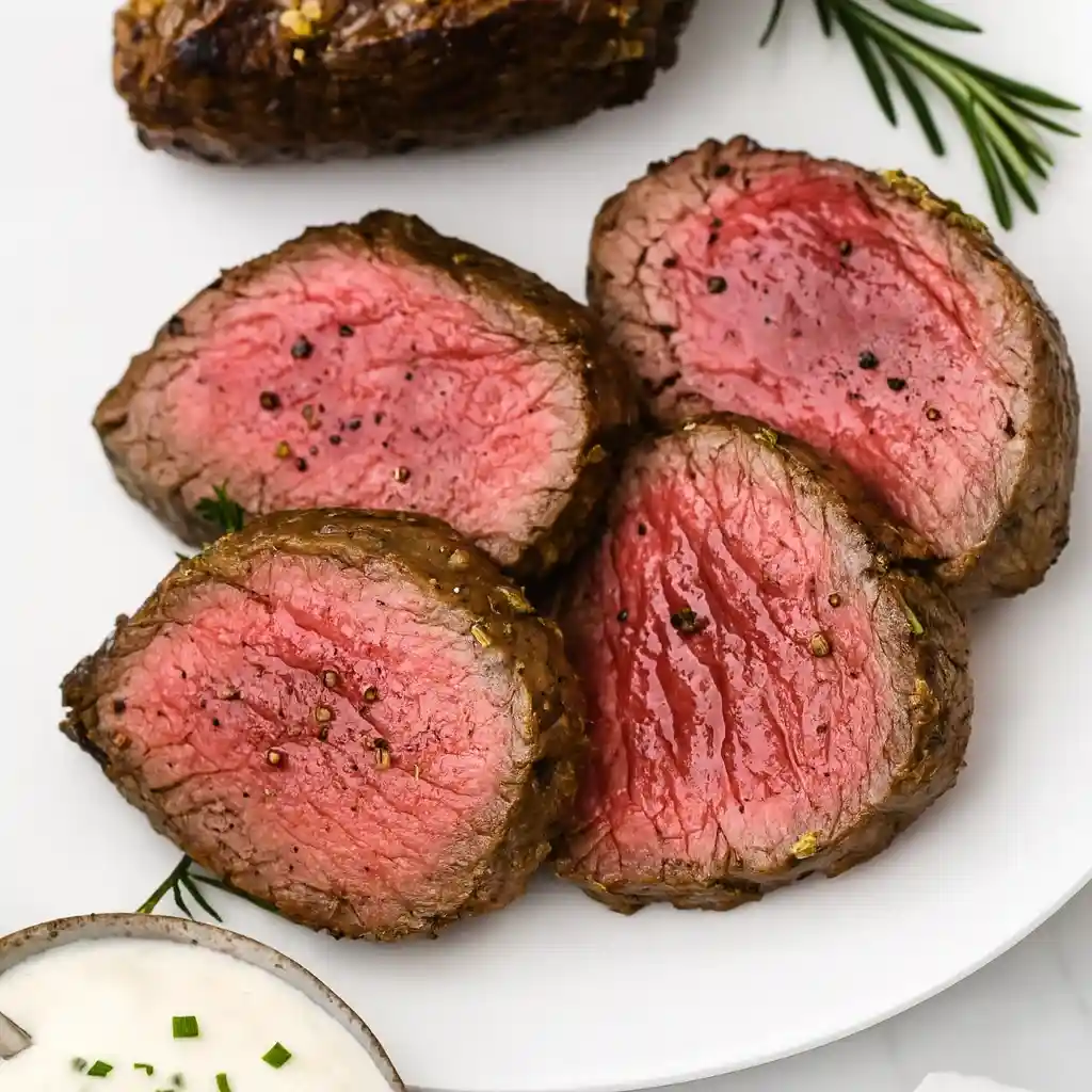 Christmas beef tenderloin roast sliced with herbs on white marble
