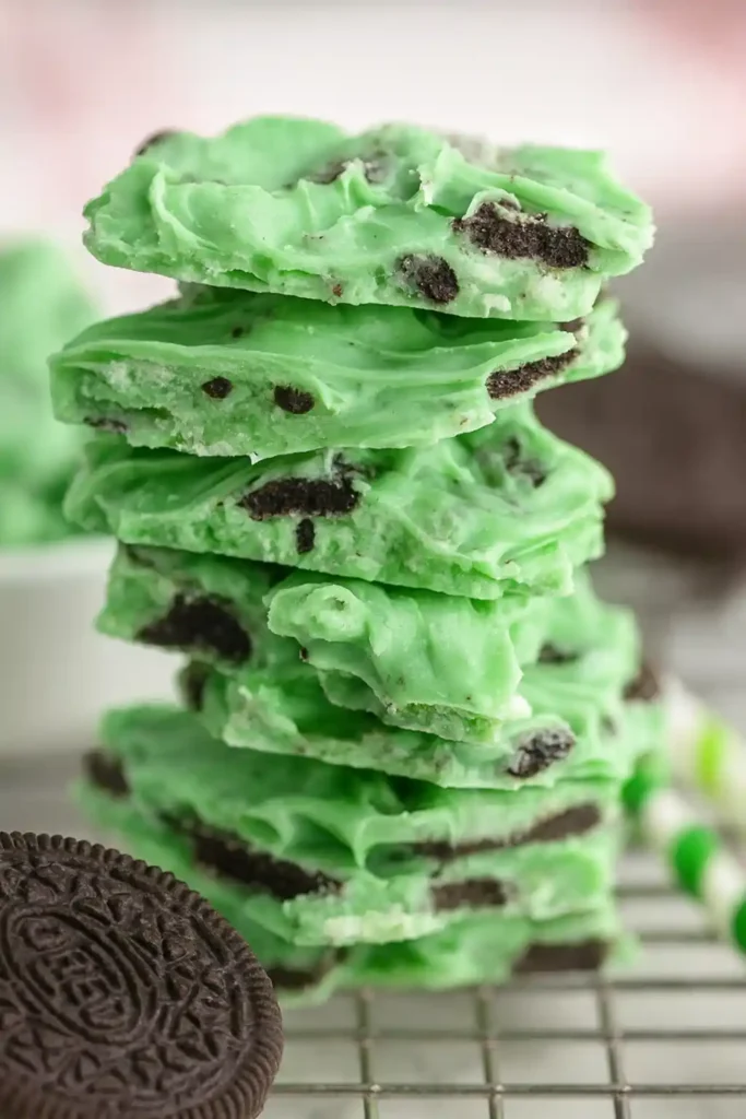 Christmas mint Oreo bark broken into festive shards