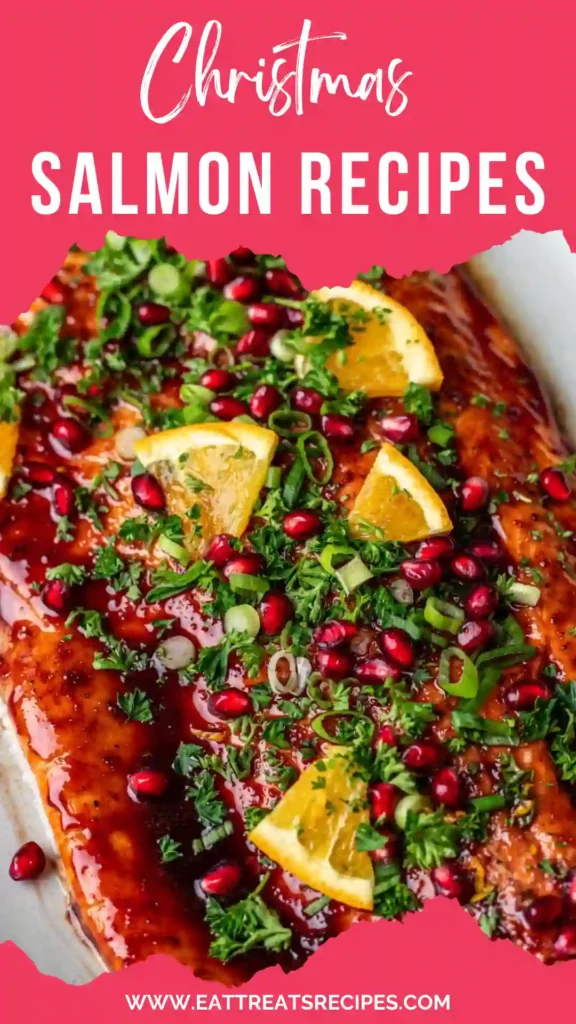 Christmas salmon with pomegranate glaze on white marble