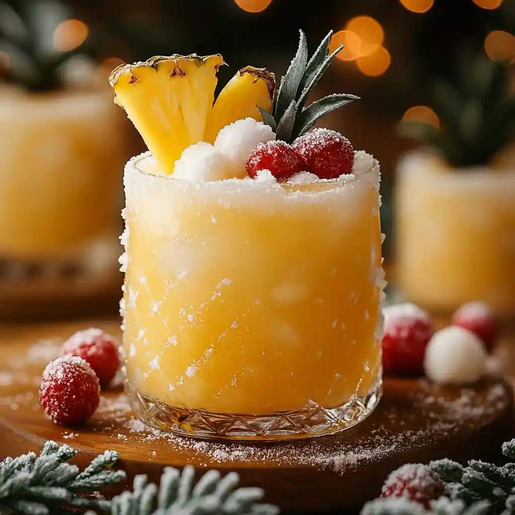 Snowy pineapple punch in a clear bowl with cranberries and coconut foam