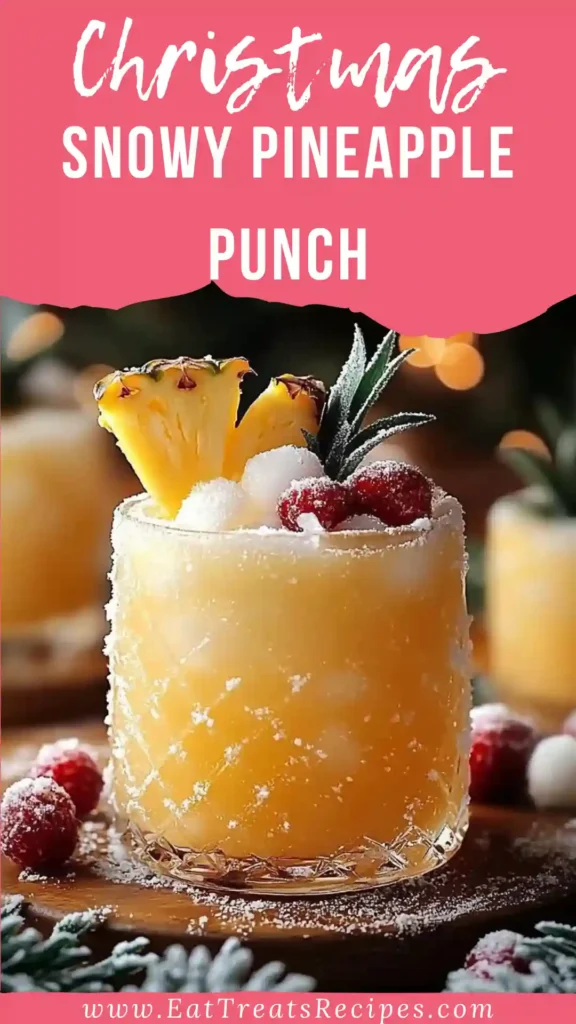 Snowy pineapple punch in a clear bowl with cranberries and coconut foam