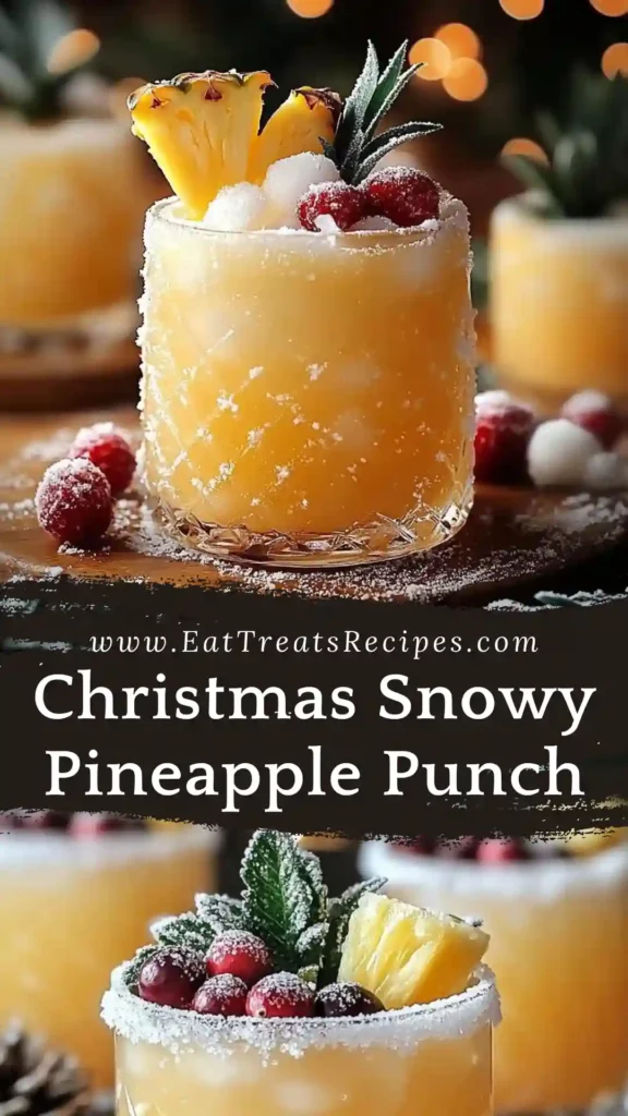 Snowy pineapple punch in a clear bowl with cranberries and coconut foam