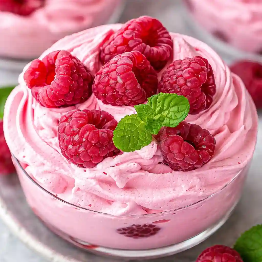 Cottage Cheese Raspberry Mousse served creamy and smooth in a glass on a white marble background