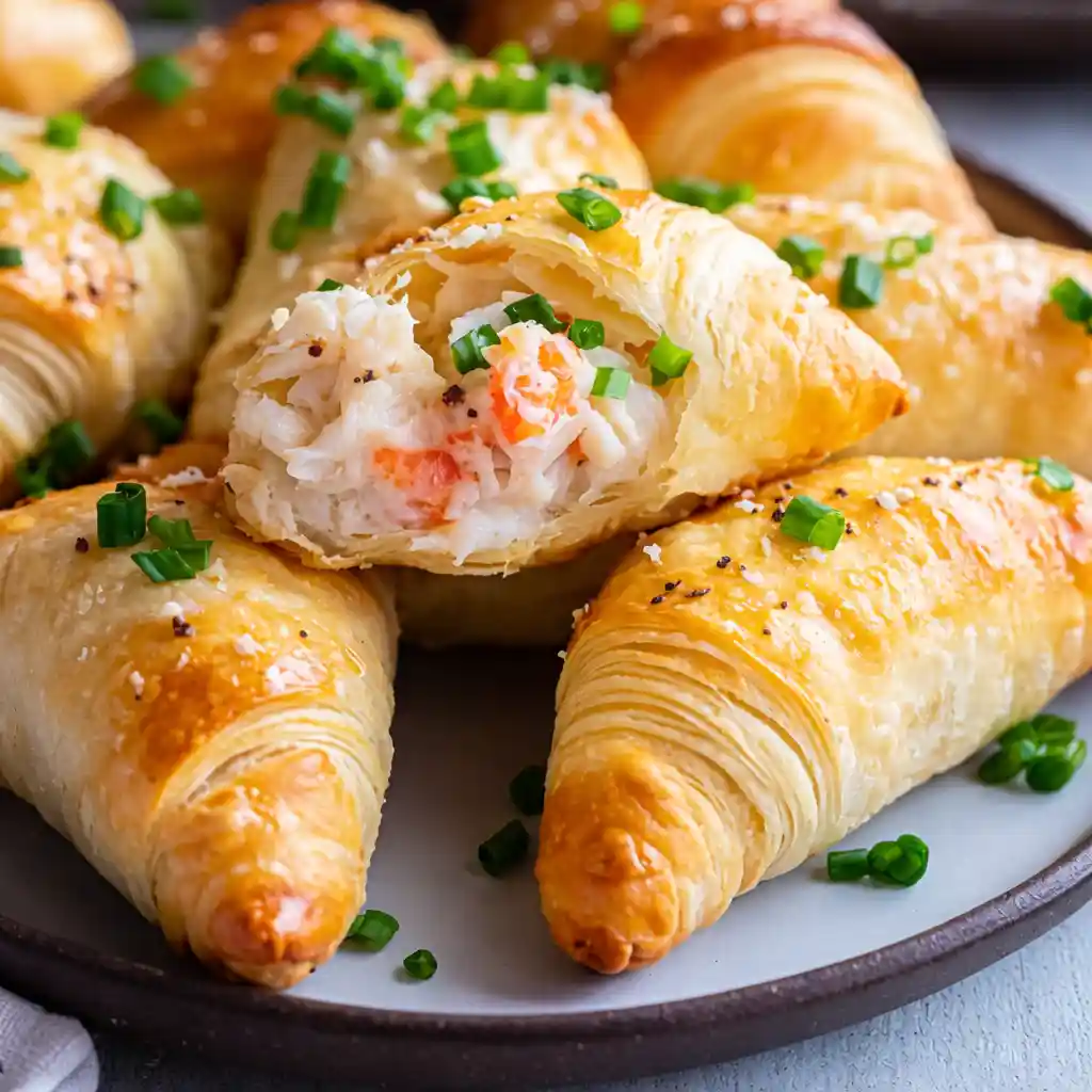 Crab Crescent Bites Delight on a white marble background, golden crescent rolls with creamy crab filling