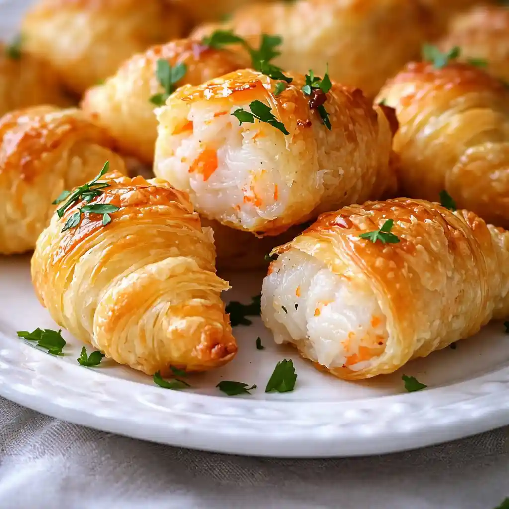 Crab Crescent Bites Delight on a white marble background, golden crescent rolls with creamy crab filling