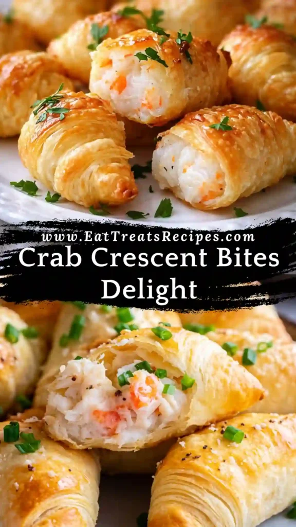 Crab Crescent Bites Delight on a white marble background, golden crescent rolls with creamy crab filling