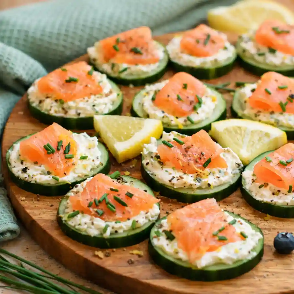 Cucumber smoked salmon bites with cream cheese and fresh dill