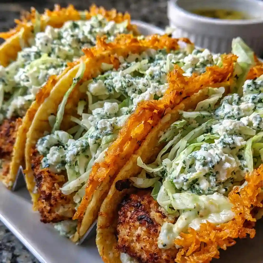 Dill pickle ranch smash chicken tacos with crispy cheese