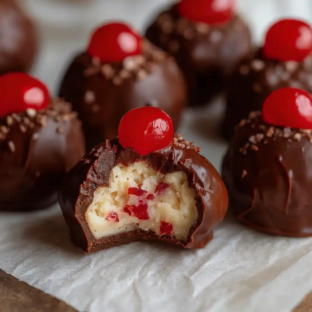 Easy no-bake cherry bourbon balls coated in chocolate on a white marble surface