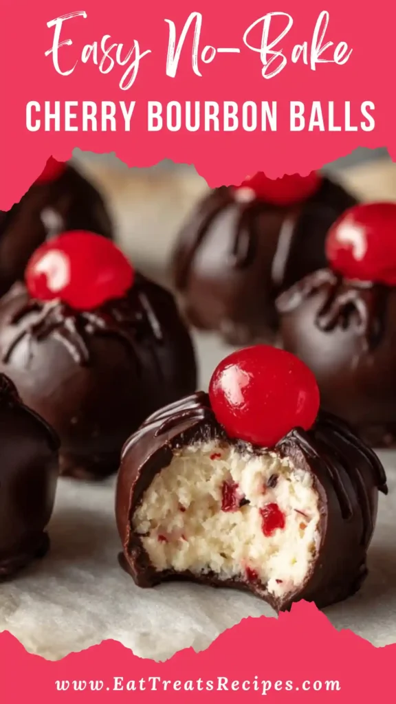 Easy no-bake cherry bourbon balls coated in chocolate on a white marble surface