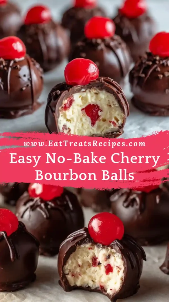 Easy no-bake cherry bourbon balls coated in chocolate on a white marble surface