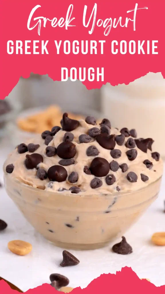 Greek Yogurt Cookie Dough served in a bowl with chocolate chips on white marble
