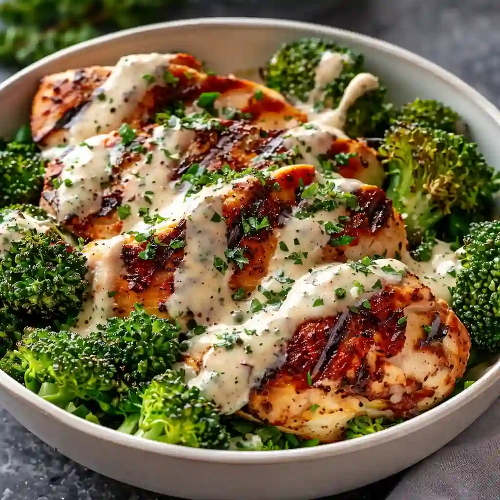 Grilled Chicken And Broccoli Bowls with Creamy Garlic