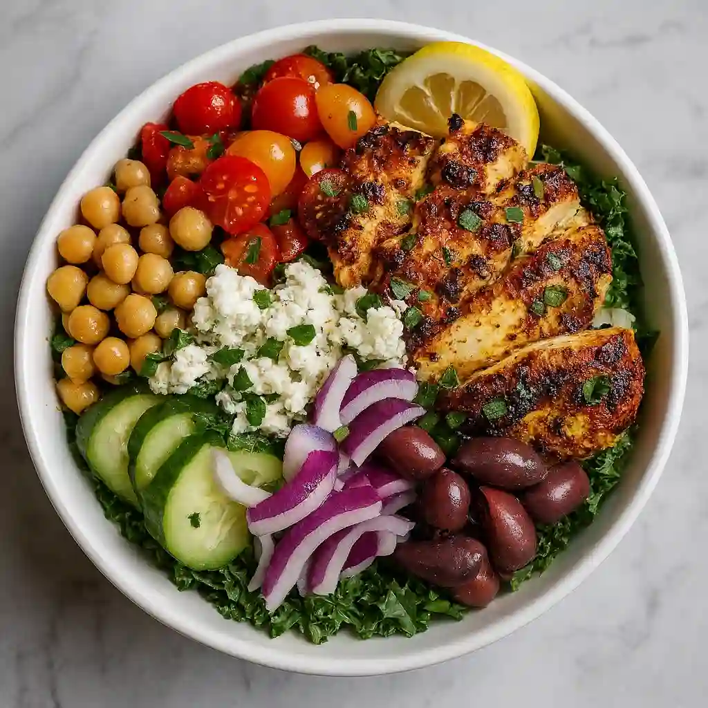 High-Protein Mediterranean Chicken Bowls with grilled chicken and fresh vegetables