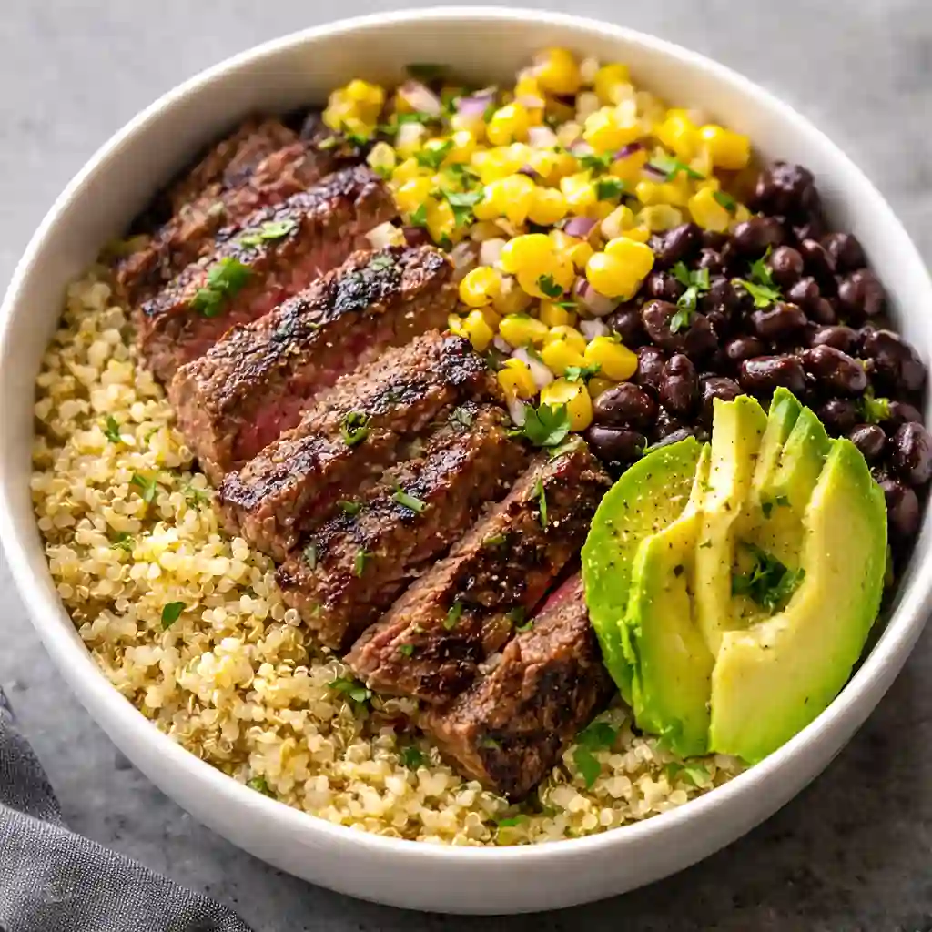 High protein Mediterranean steak and quinoa bowl healthy dinner