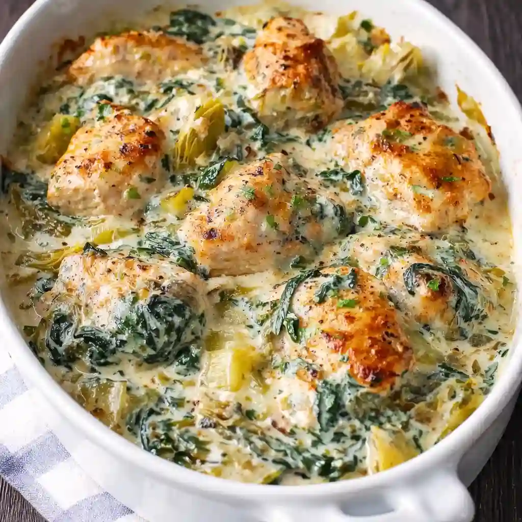 High protein spinach and artichoke chicken casserole baked and creamy