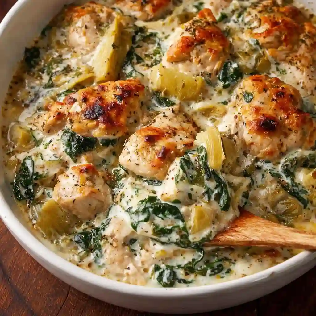 High protein spinach and artichoke chicken casserole baked and creamy