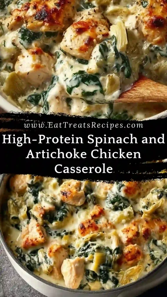 High protein spinach and artichoke chicken casserole baked and creamy