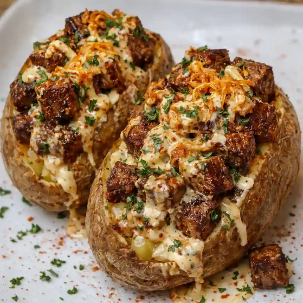 Loaded steak potato with juicy steak and melted cheese