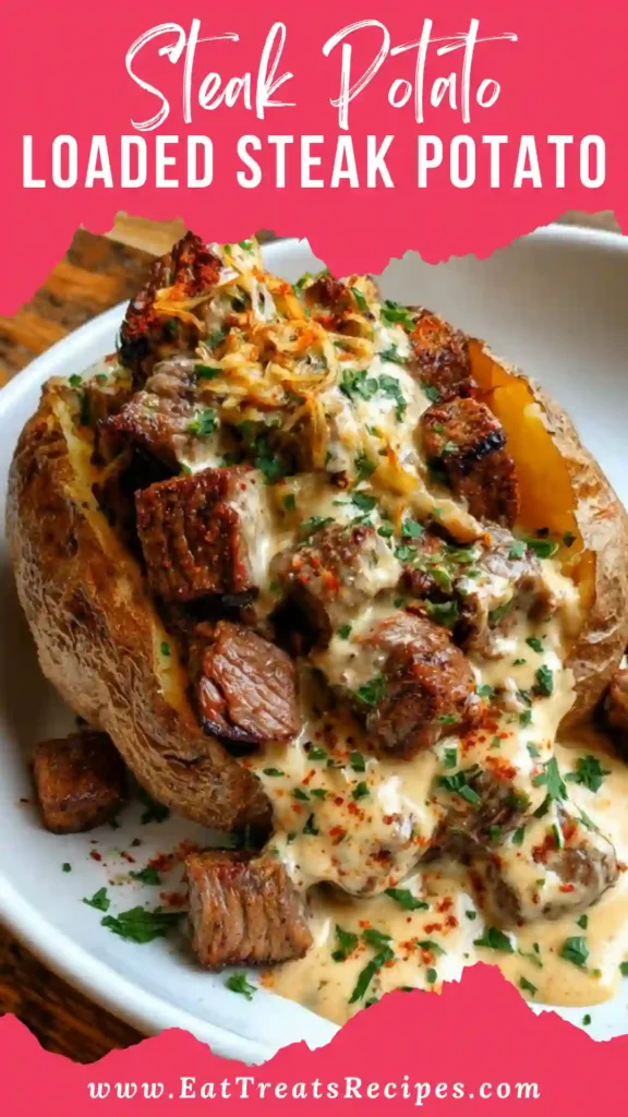 Loaded steak potato with juicy steak and melted cheese