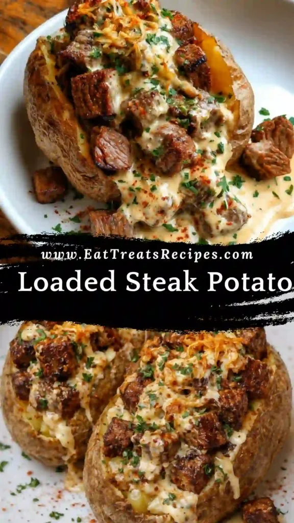Loaded steak potato with juicy steak and melted cheese