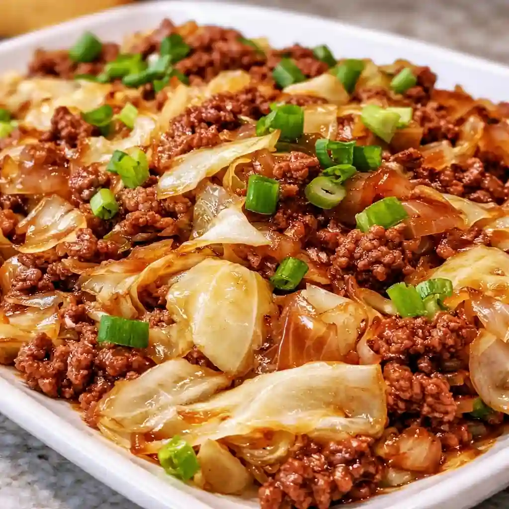 Low-Carb Mongolian Ground Beef and Cabbage served hot in a skillet on a white marble background
