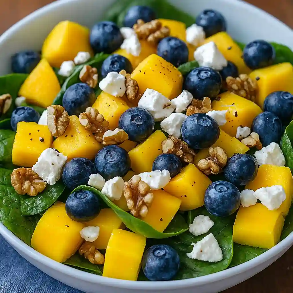 Mango salad with spinach and blueberries in a cozy serving bowl