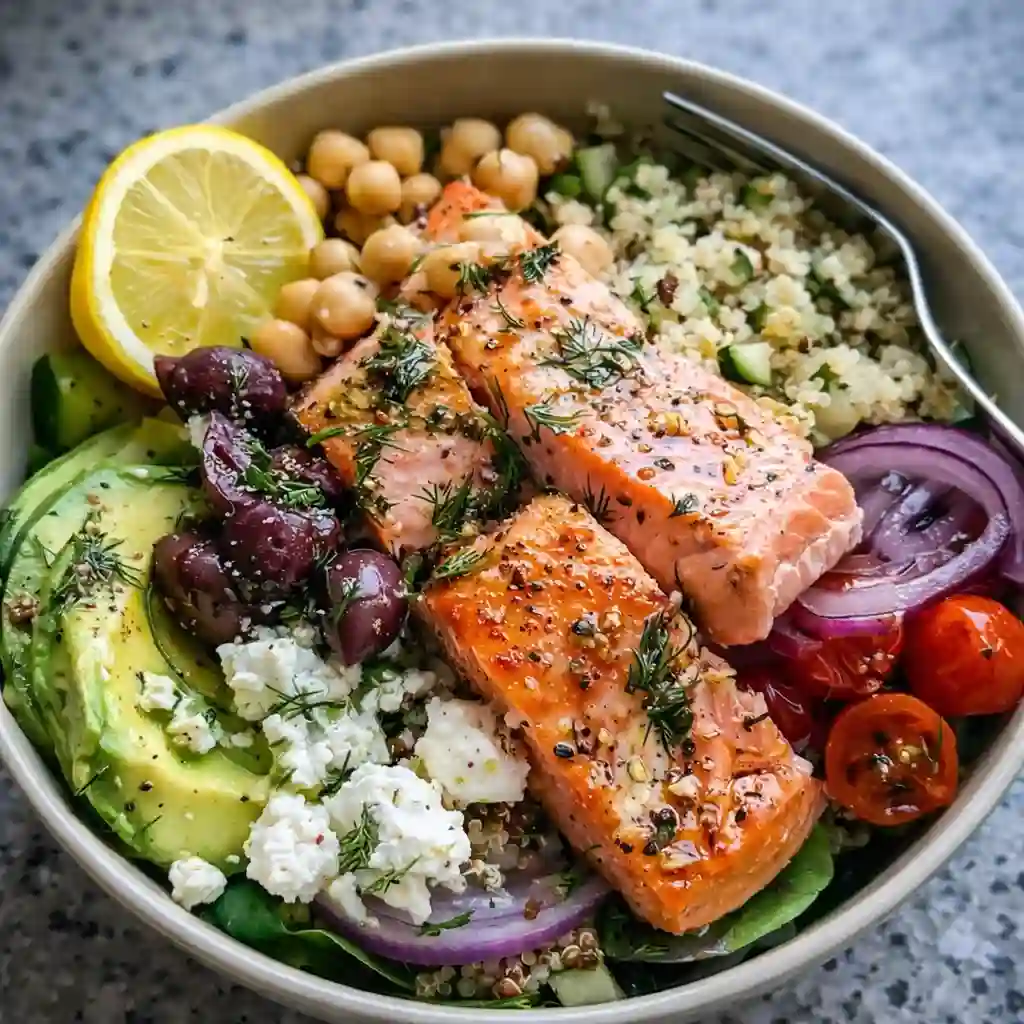 Mediterranean Salmon Bowl with flaky salmon, fresh vegetables, grains, and lemon herb dressing